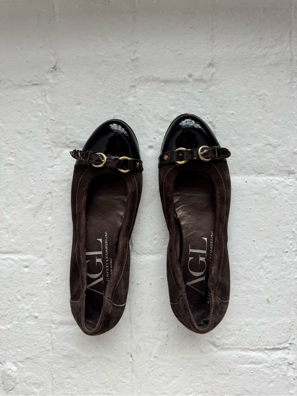AGL Brown Suede Flats with Black Patent Toe and Gold Hardware